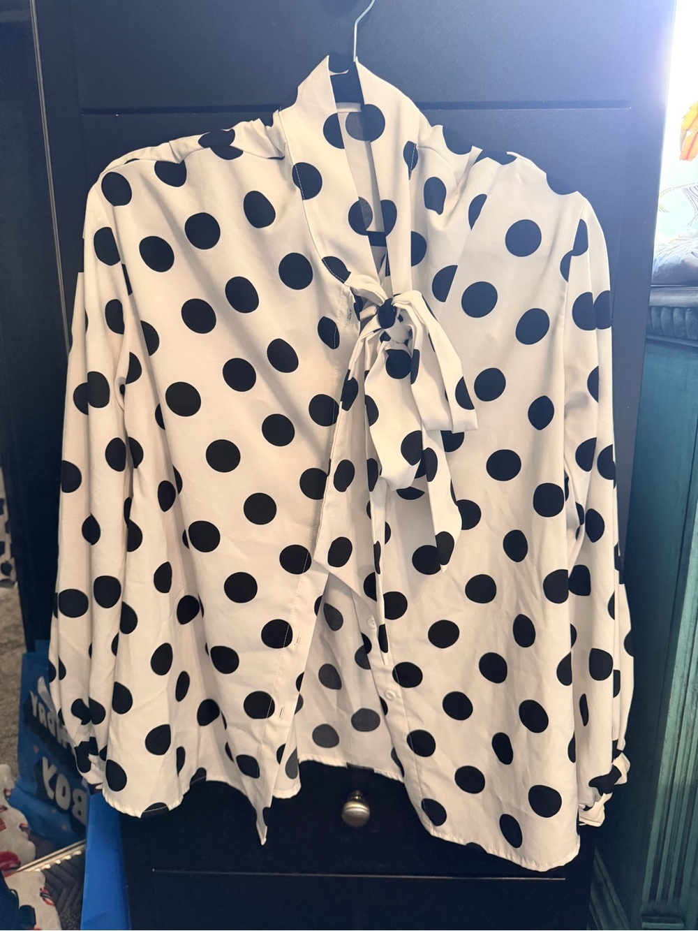 Polka Dot Tie-Neck Blouse - Black/White